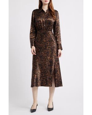 Rails Jazlyn Leopard Long Sleeve Satin Midi Shirtdress - Brown