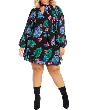 City Chic Blakely Floral Print Long Sleeve Minidress - Blue