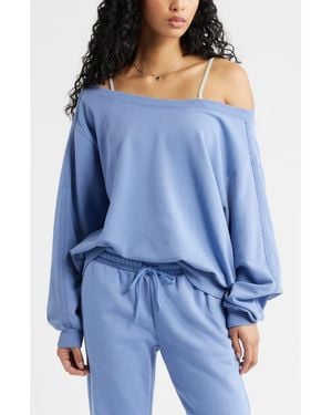 BP. Lace Trim Off The Shoulder Cotton Blend Sweatshirt - Blue