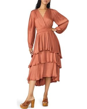 Steve Madden Bei Long Sleeve Tiered Satin Midi Dress - Orange
