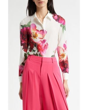 Alice + Olivia Willa Floral Silk Button-Up Shirt - Pink