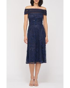 JS Collections Gemma Beaded Floral Off The Shoulder Cocktail Dress - Blue