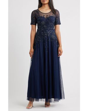 Pisarro Nights Embellished Illusion Neck Gown - Blue