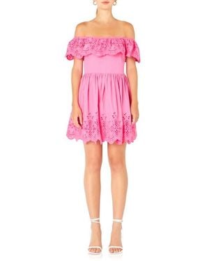 Endless Rose Scalloped Off The Shoulder Broderie Anglaise Dress - Pink