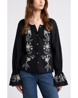 Treasure & Bond Embroidered Front Button Top - Black