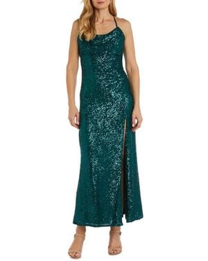 Morgan & Co. Cowl Neck Sequin Crossback Body-Con Gown - Green