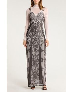 AFRM Billie Trompe L'Oeil Long Sleeve Mesh Maxi Dress - Multicolor