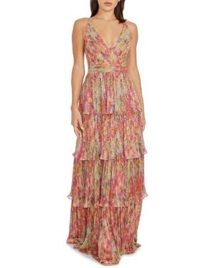 Dress the Population Lorain Abstract Print Metallic Tiered Gown - Orange