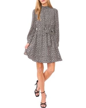 Halogen® Flower Print Long Sleeve Smock Neck Dress - Gray