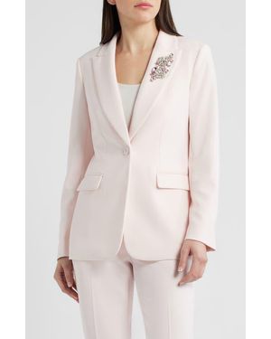Anne Klein Crystal Brooch One Button Blazer - White