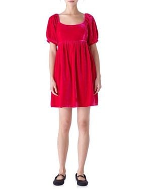 English Factory Puff Sleeve Velvet Babydoll Dress - Red