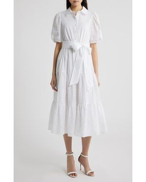 Anne Klein Eyelet Tie Waist Puff Sleeve Midi Dress - White