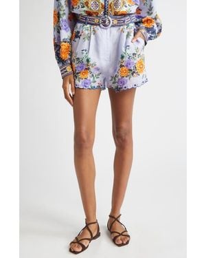 CAMILLA Tuck Front Belted Linen Shorts - Blue