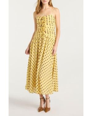Cinq À Sept Camille Magda Ruched Polka Dot Floral Appliqué Dress - Yellow