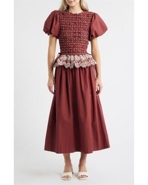 Damson Madder Audrey Smocked Puff Sleeve Organic Cotton Midi Dress - Red