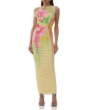 AFRM Biona Printed One-Shoulder Ruched Mesh Maxi Dress - Yellow