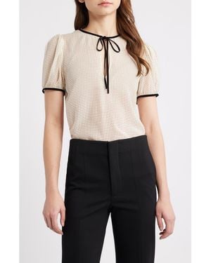 FRAME Polka Dot Tie Front Puff Sleeve Semisheer Silk Top - Black
