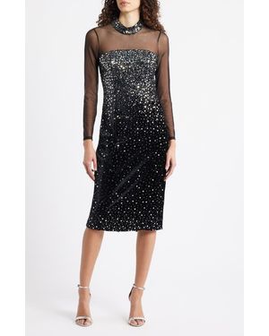 Eliza J Mixed Media Sequin Long Sleeve Cocktail Midi Dress - Black