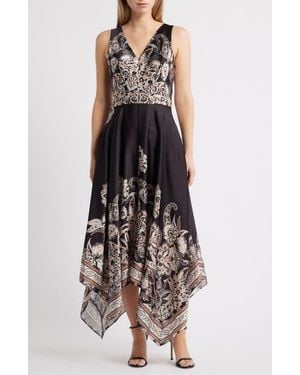 Vince Camuto Placed Scarf Print Handkerchief Hem Cotton Blend Dress - Multicolor