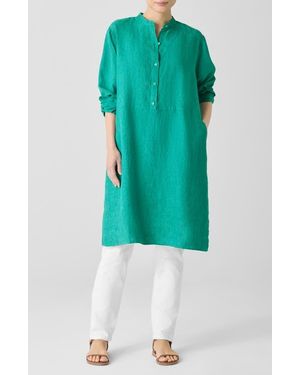 Eileen Fisher Long Sleeve Organic Linen Shift Shirtdress - Green