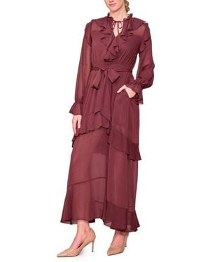 MELLODAY Ruffle Detail Tie Waist Long Sleeve Maxi Dress - Red