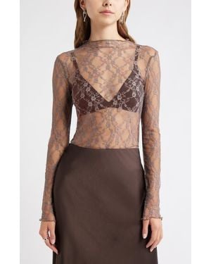 Open Edit Floral Stretch Lace Top - Brown