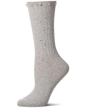 Memoi Rhinestone Rib Crew Socks - Gray