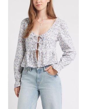 BP. Tie Front Scoop Neck Cotton Poplin Peplum Top - White
