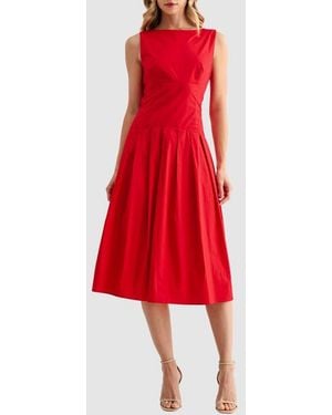 Mila + Mate Pleated Sleeveless Cotton Midi Dress - Red
