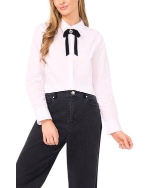 Cece Velvet Bow Crop Cotton Button-Up Shirt - White