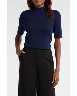 Halogen® Short Sleeve Mock Neck Rib Sweater - Blue