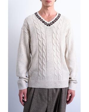 TOPMAN V-Neck Cable Nep Sweater - Gray