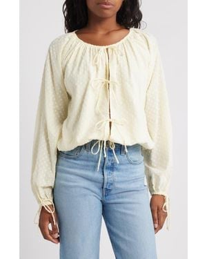 TOPSHOP Dobby Ruched Neck Tie Front Top - Blue