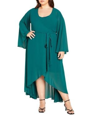 City Chic Fleetwood Long Sleeve Chiffon Wrap Dress - Green