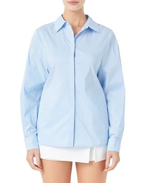 Endless Rose Elastic Back Detail Cotton Blend Button-Up Shirt - Blue