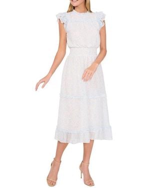 Cece Floral Flutter Sleeve Midi Dress - White