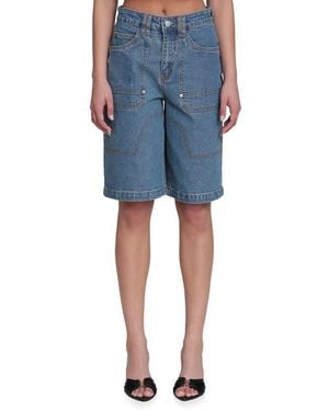 Avec Les Filles Stretch Denim Wide Leg Bermuda Shorts - Blue