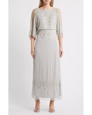 Pisarro Nights Beaded Cold Shoulder Blouson Cocktail Dress - Gray