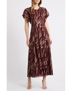 Parker The Rose Metallic Flutter Sleeve Maxi Dress - Red