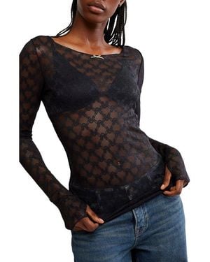 Free People From Me To You Long Sleeve Sheer Lace T-Shirt - Black
