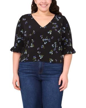 Cece Floral Print Ruffle Cuff Top - Black