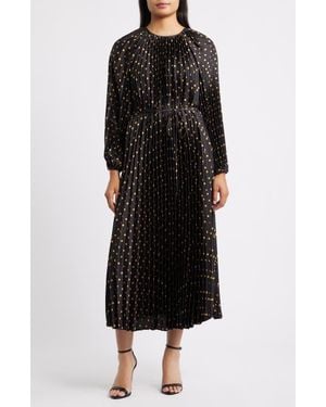 Julia Jordan Pleated Metallic Polka Dot Long Sleeve Dress - Black
