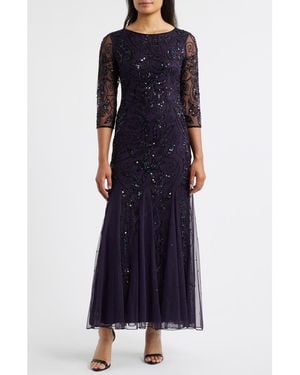 Pisarro Nights Illusion Sleeve Beaded A-Line Gown - Blue