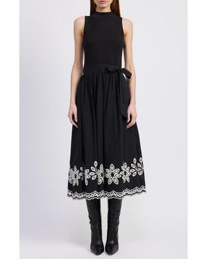 En Saison Isidora Embroidery Detail Mixed Media Midi Dress - Black