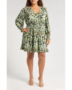 Chelsea28 Floral Long Sleeve Plissé Dress - Green