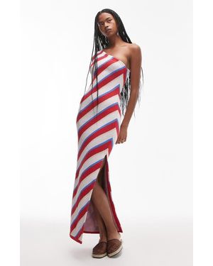 TOPSHOP Stripe Knit One-Shoulder Maxi Dress - Red