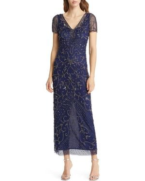 Pisarro Nights Beaded Mesh Column Gown - Blue