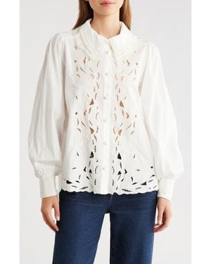 FARM Rio Embroidered Eyelet Puff Sleeve Button-Up Shirt - White
