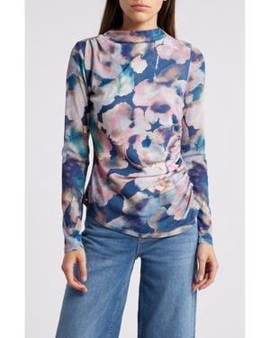 Rails Joelle Floral Ruched Funnel Neck Top - Blue