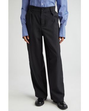 House of Aama Pinstripe High Waist Wool & Cotton Gabardine Pants - Blue